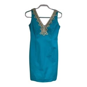Lilly Pulitzer Bentley shift Turquoise Mini Dress with Gold Accents